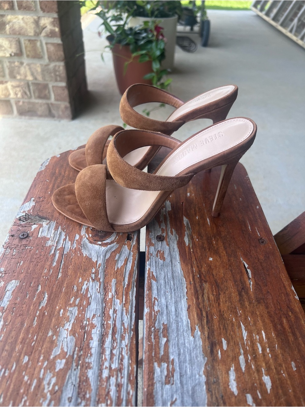 Steve Madden Tan Suede Crisscross High Heel Slides
